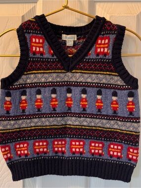 JoJo Maman Bebe Navy Lambswool Knit Vest Lomdon buses Red UK Soldiers Fair Isle
